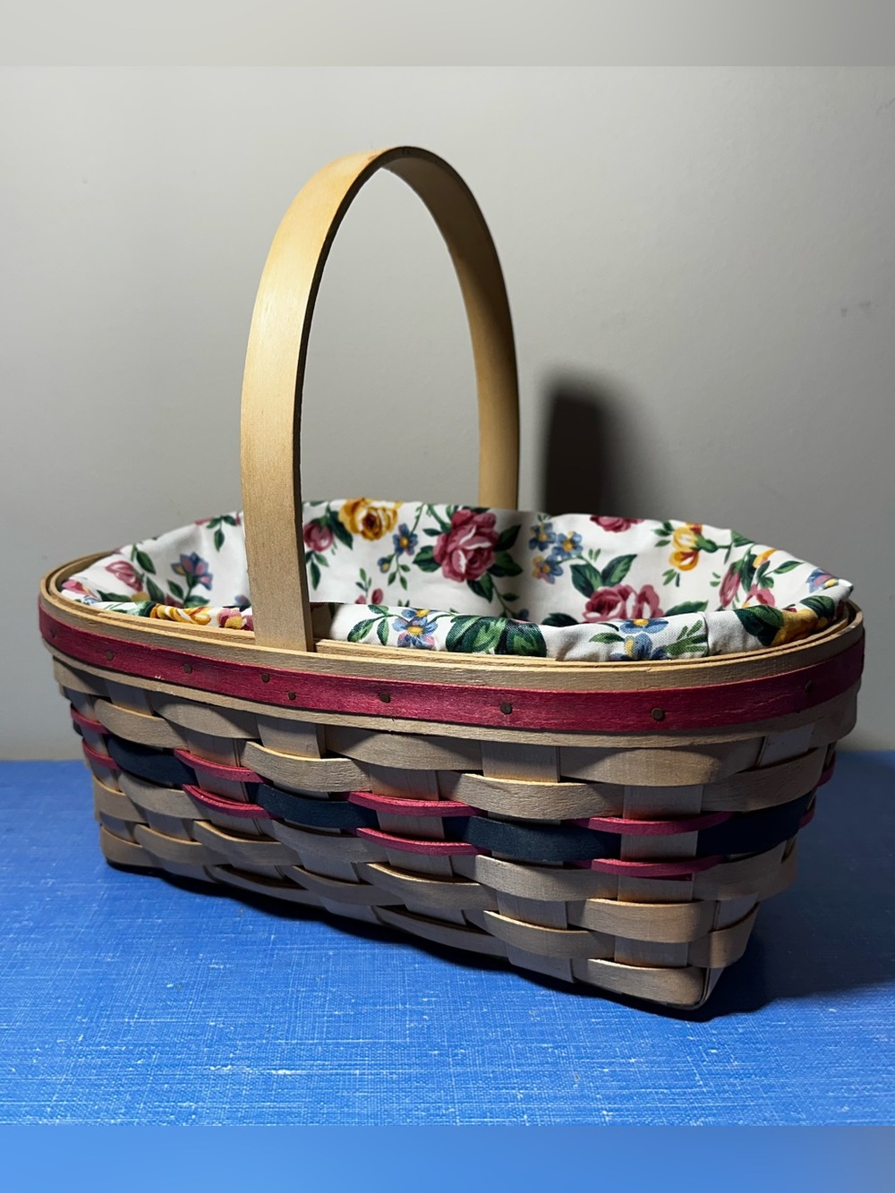 Longaberger Floral-Lined Handwoven Basket with Pink and Blue Accents